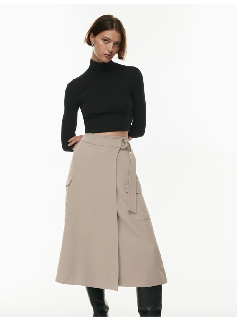 Wilfred Light Birch A-Line Midi Skirt with Cargo Pockets